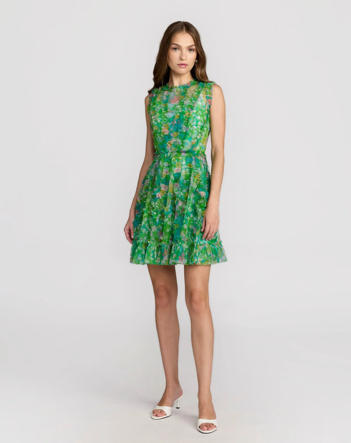 Green Multicolor Micro Ruffle Floral A-Line Mini Dress