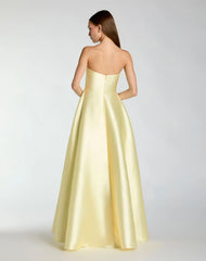 Yellow Strapless Mikado Ball Gown With Floral Print