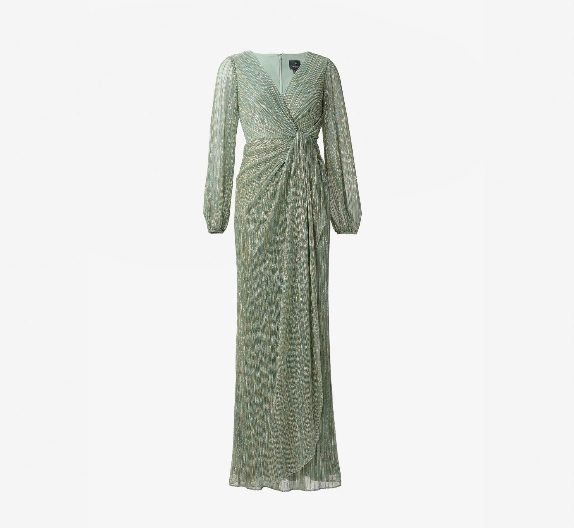 Metallic Crinkled Mesh Draped Long Gown In Green Slate