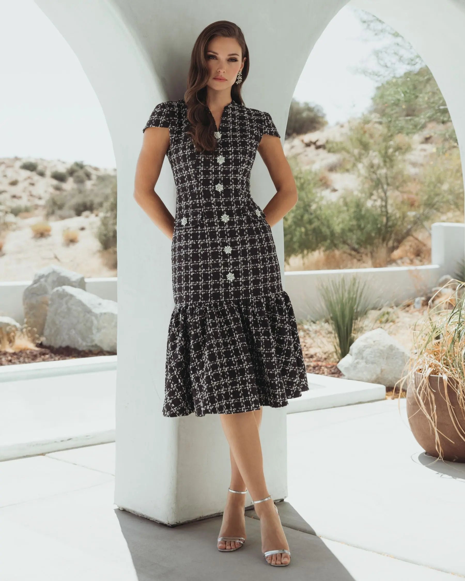 Black Cap Sleeve Boucle A Line Midi Dress