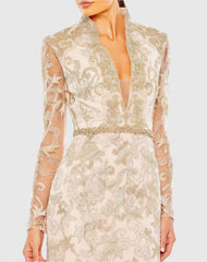 Pink Queen Anne Lace Long Sleeve V-Neck Trumpet  Gown