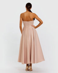 Pink Strapless Satin A Line Midi Dress With 3D Flower