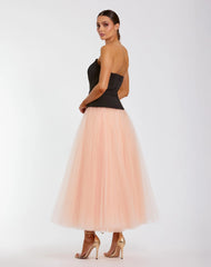 Black and Pink Strapless Midi Dress With Tulle Skirt