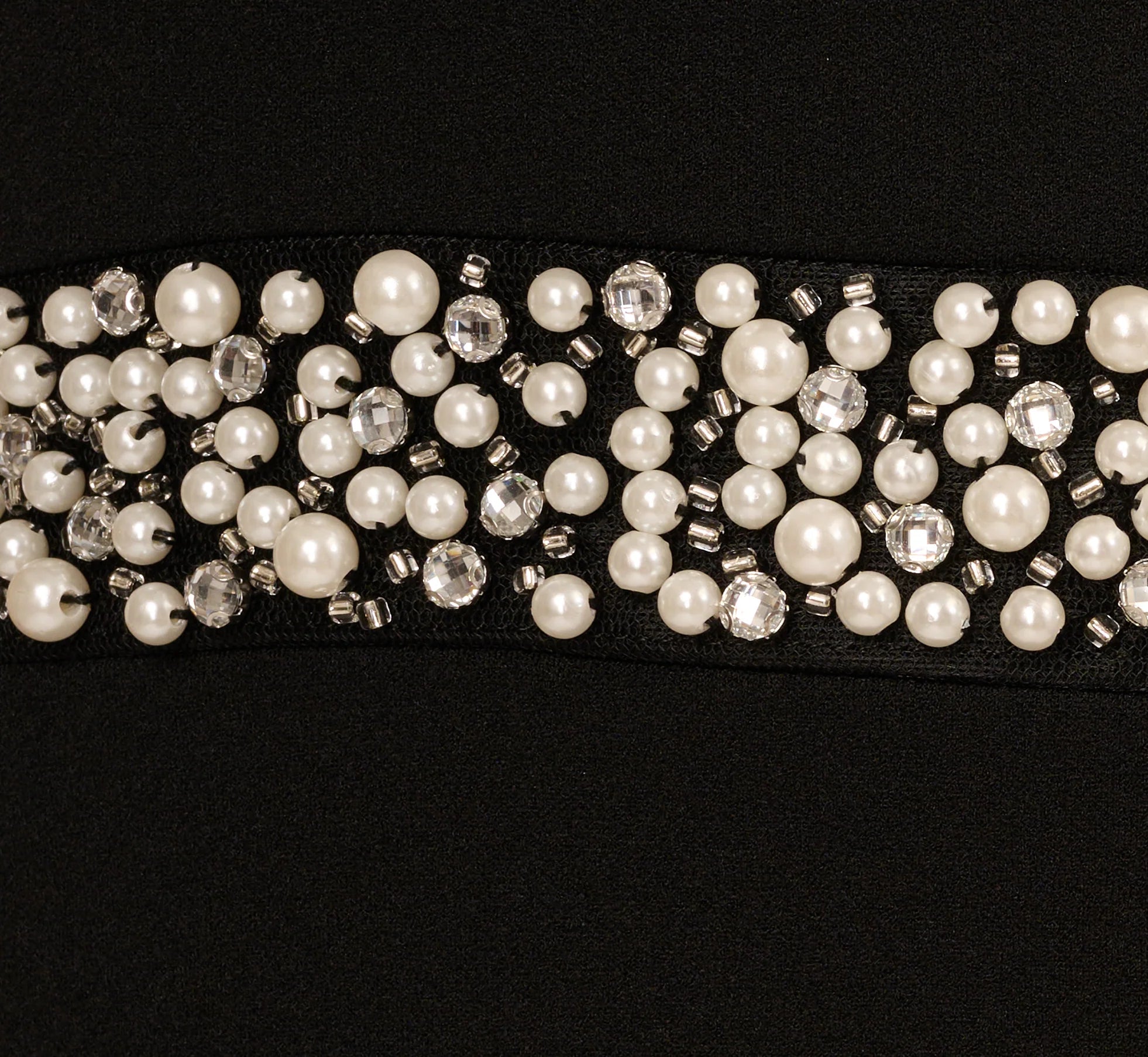 Short Sleeve Stretch Crepe Pearly Beaded Gown In Black Ivory