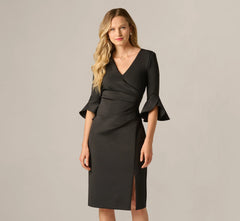 Three Quarter Sleeve Faux Wrap Midi Dress In Black