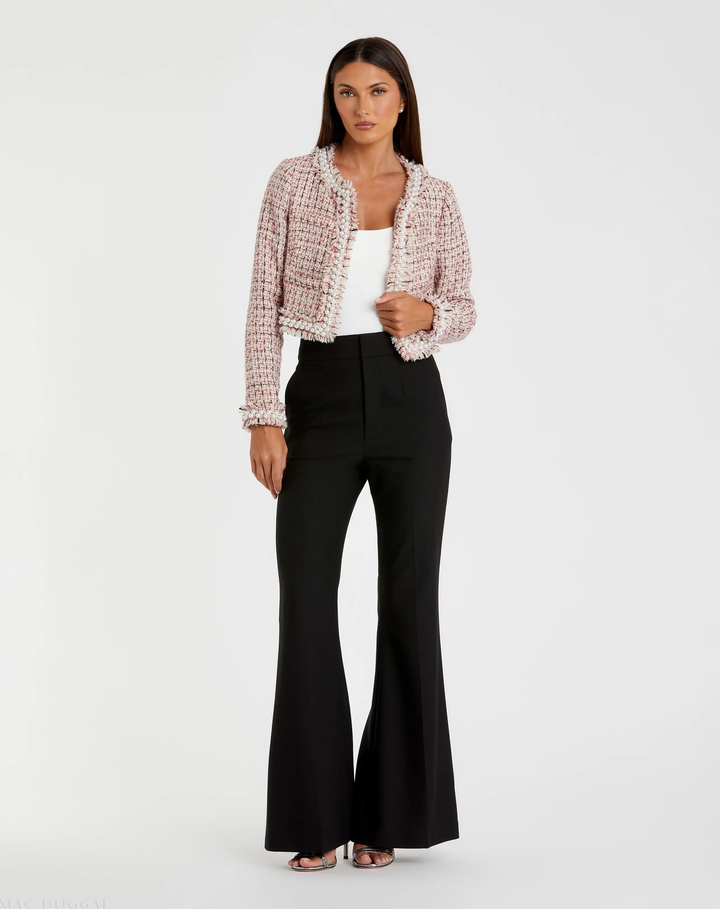 Multicolor Pearl Trim Long Sleeve Cropped Jacket