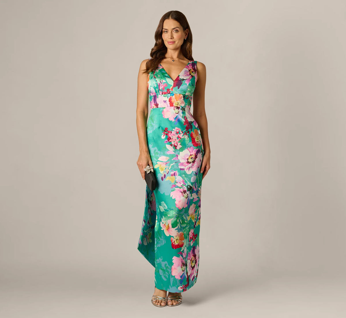 Floral Mikado Scarf Train Column Gown In Green Multi