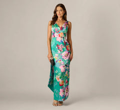 Floral Mikado Scarf Train Column Gown In Green Multi
