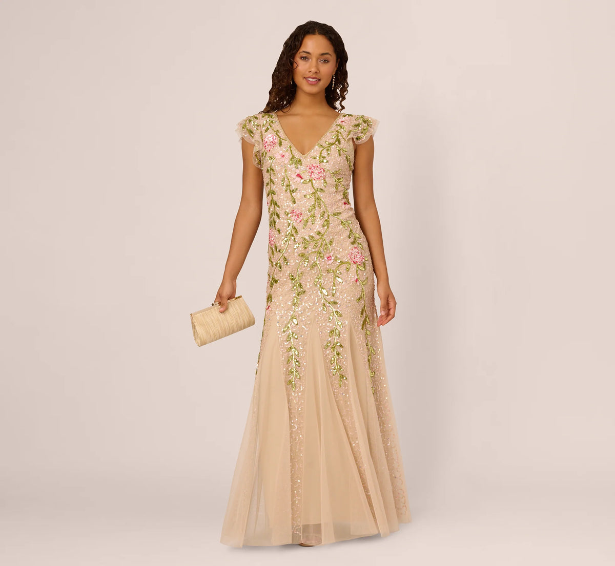 Floral Beaded Mermaid Gown With Flutter Cap Sleeves In Light Champagne