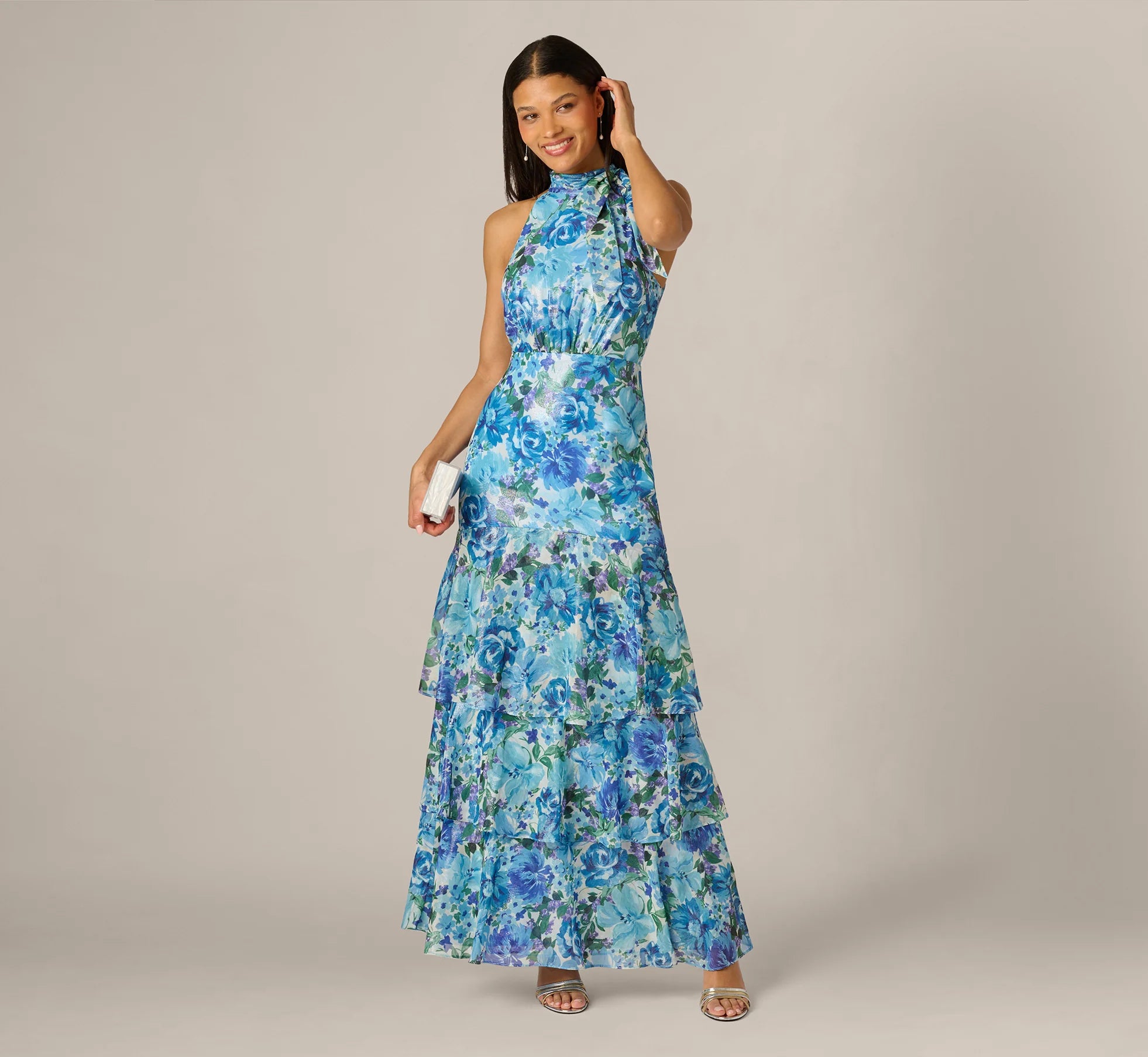 Tiered Metallic Floral Chiffon Halter Gown In Blue Multi