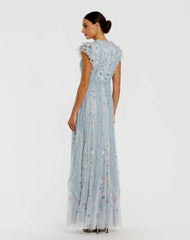 Blue Floral Embroidered Ruffle A Line Gown