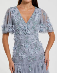 Blue Floral Embellished Flutter Sleeve Dress