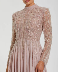 Light Purple Embellished Long Sleeve Gown with Slit