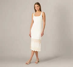 Crochet Trimmed Sheath Midi Dress With Tank Straps In Ivory