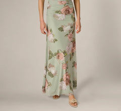 Floral Print Stretch Mesh Ruched Gown In Sage Multi