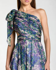 Purple One Shoulder Floral Printed Chiffon Side Cut Out Gown