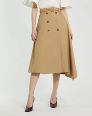 Beige Twill Midi Skirt With Buttons