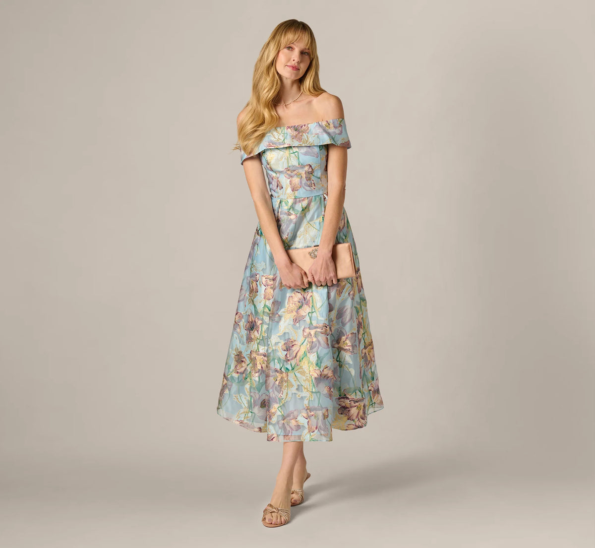 Off Shoulder Watercolor Floral Jacquard Ankle Dress In Blue Multi