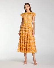 Yellow Floral High Neck Flutter Sleeve Midi Dress