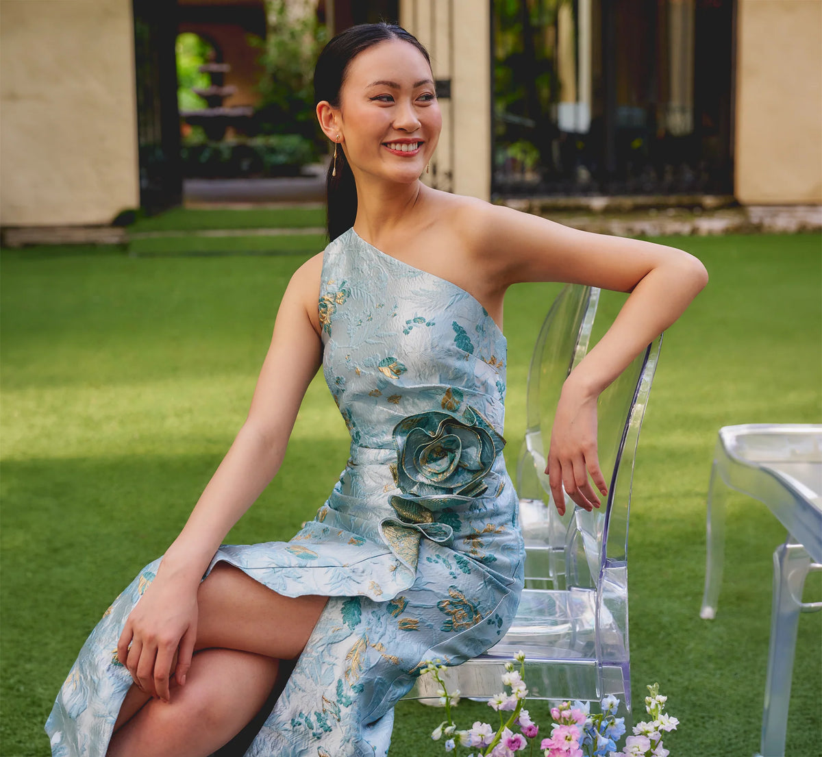 Petite One Shoulder Floral Jacquard Rosette Gown In Blue Multi