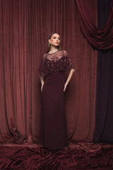 Burgundy Sleeveless Gown With Embellished Cape