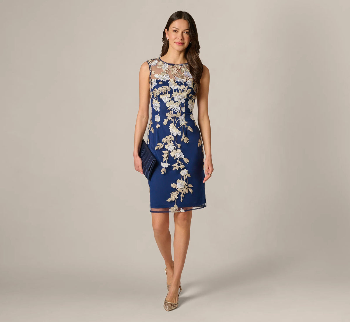 Sleeveless Illusion Floral Embroidery Sheath Dress In Navy Ecru