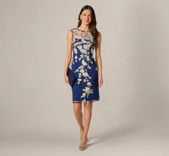 Sleeveless Illusion Floral Embroidery Sheath Dress In Navy Ecru