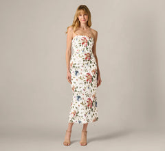 Strapless Floral Beaded Embroidery Midi Dress In Ivory Multi