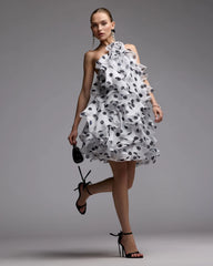 White Polka Dot Halter Neck Ruffle Mini Dress