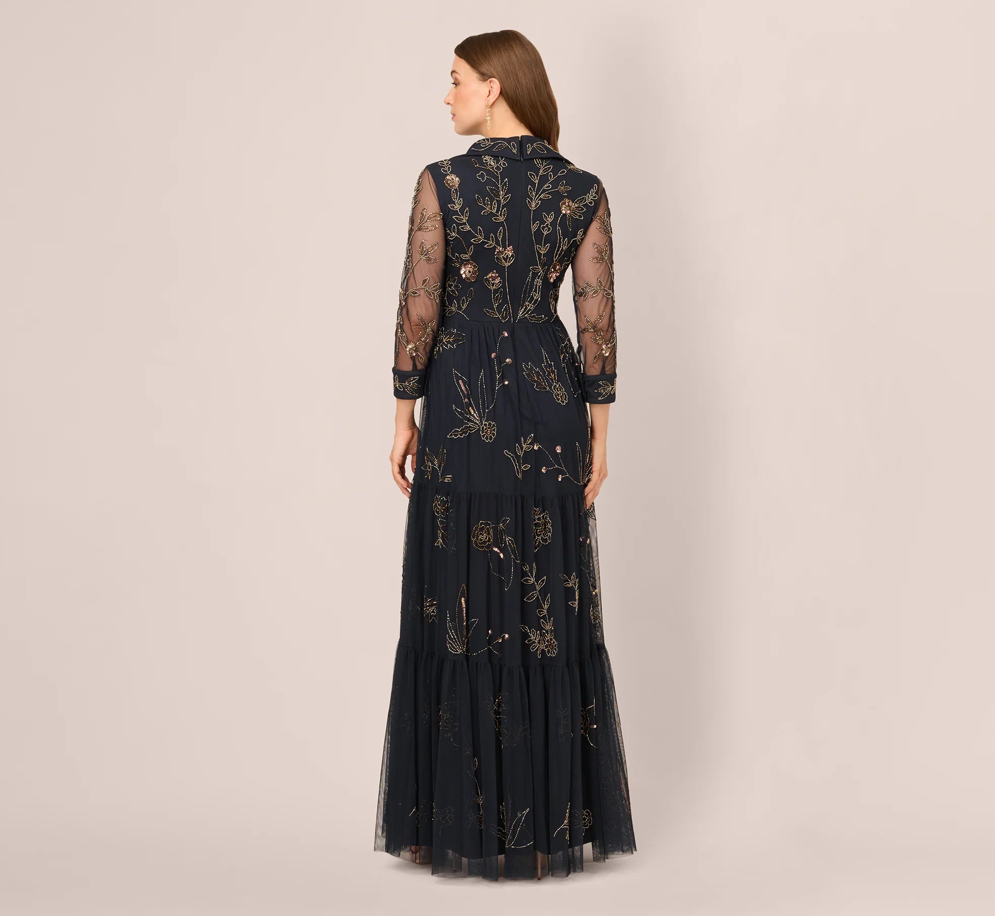 Three Quarter Sleeve Collared Floral Beaded Gown In Midnight Multi