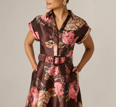 Short Sleeve Rose Floral Ballgown In Brown Multi