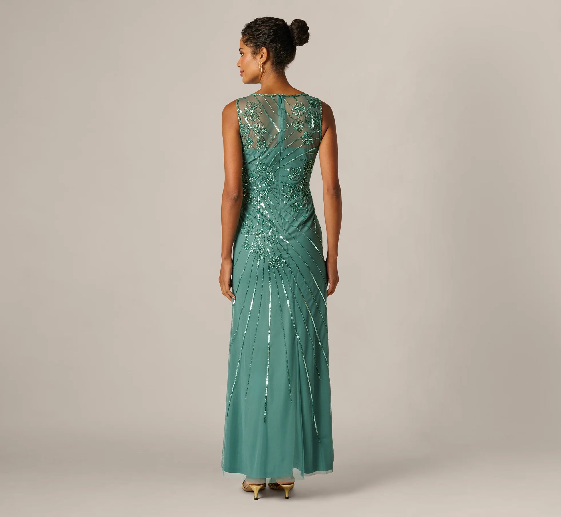 Floral Beaded Illusion Mermaid Gown In Green Slate