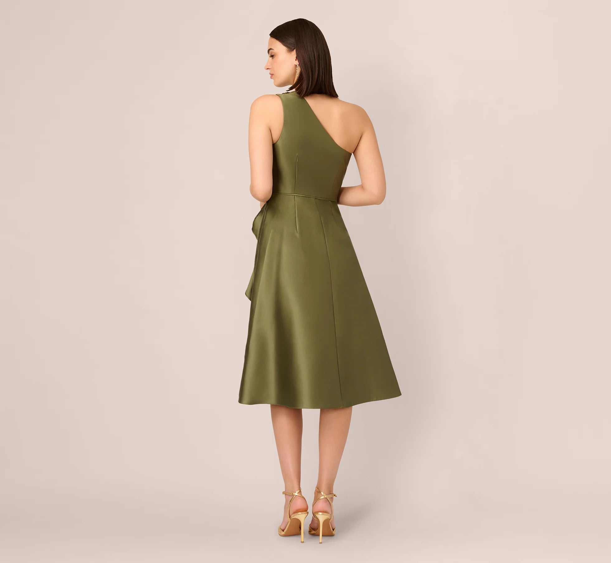 One Shoulder Beaded Detail Mikado Midi Dress In Jungle Olive