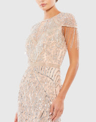 Pink Embellished Fringe Cap Sleeve Trumpet Gown