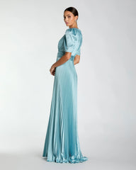 Blue Pleated Charmeuse Puff Sleeve Gown With Slit
