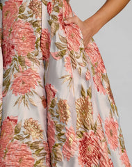 Pink Strapless Floral Brocade Ball Gown With Pockets