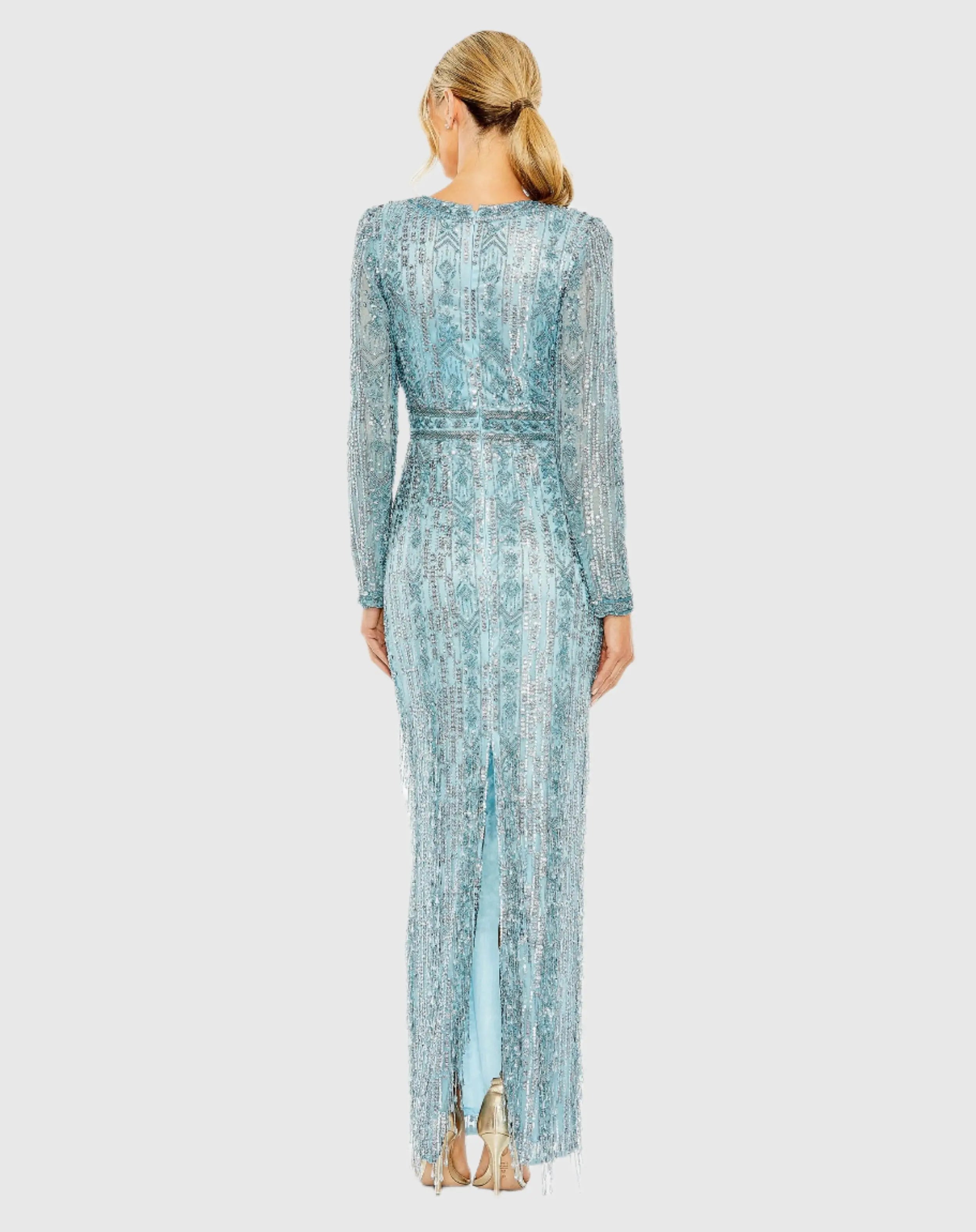 Blue Long Sleeve Beaded Gown with Crystal Fringe