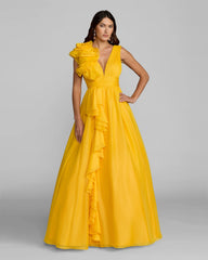 Yellow Ruffle Shoulder V-Neck Chiffon Gown