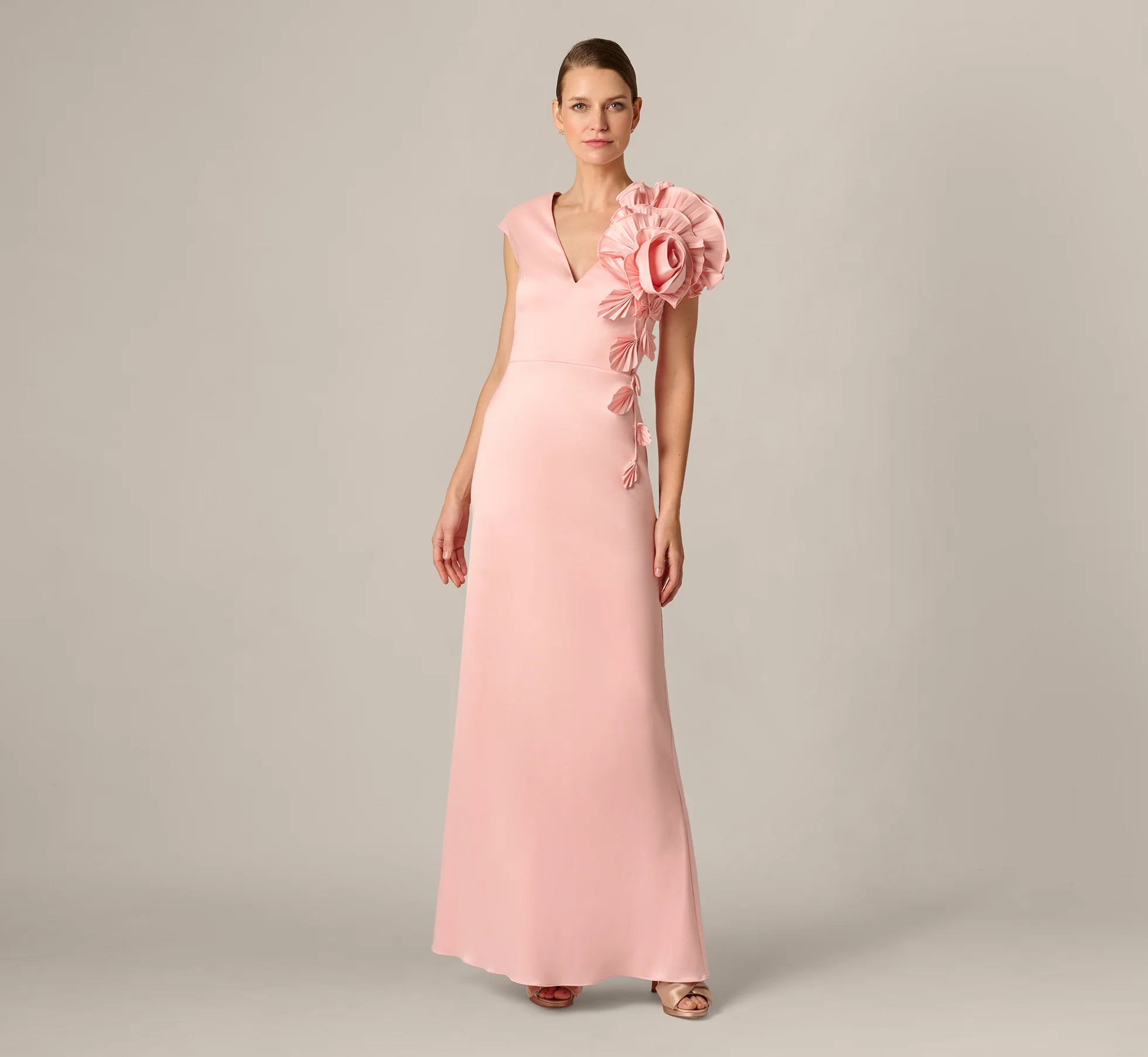 Stretch Mikado Rosette Shoulder Gown In Pink Cloud