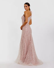 Pink One Shoulder Beaded Mermaid Gown With 3D Flower