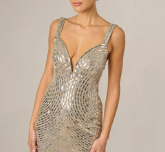 Plunge Neck Mirror Beaded Gown In Silver