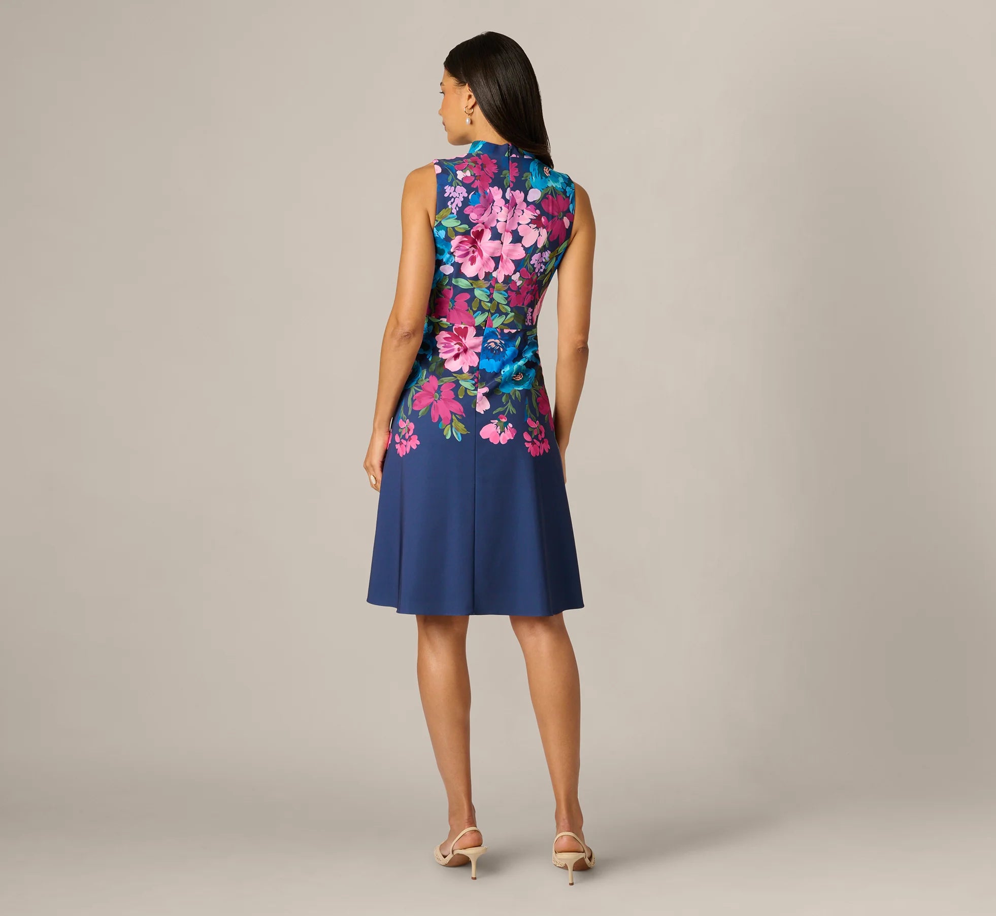 Collared Floral Border Twill Midi Dress In Navy Multi