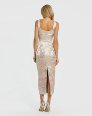Petite Slim Strap Scoop Neck Bustier Brocade Midi Dress