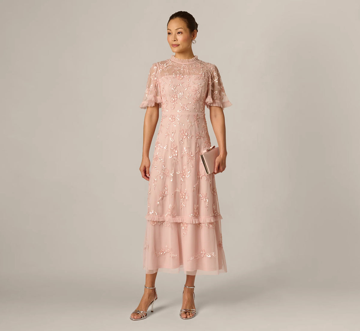 Flutter Sleeve Ruffle Floral Beaded Midi Dress In Blush Whisper