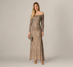 Hand Beaded Off Shoulder Gown In Sterling