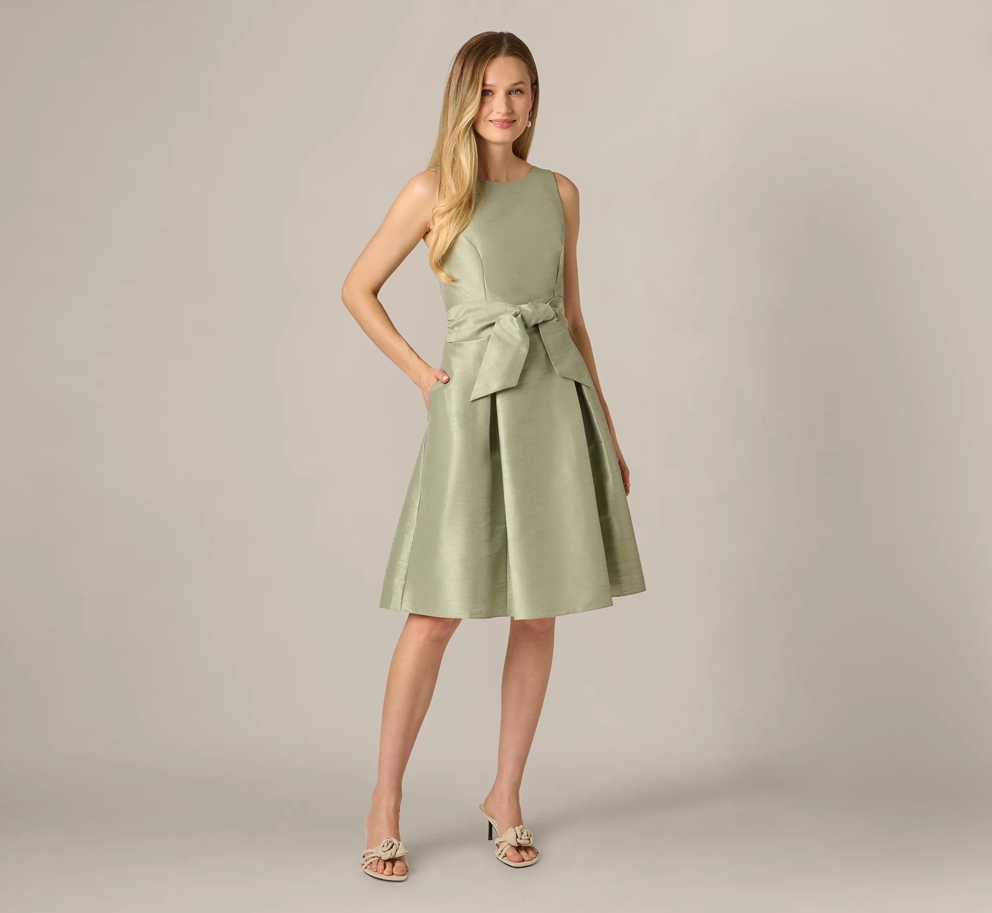 Dupioni Tie Front Fit And Flare Dress In Sage
