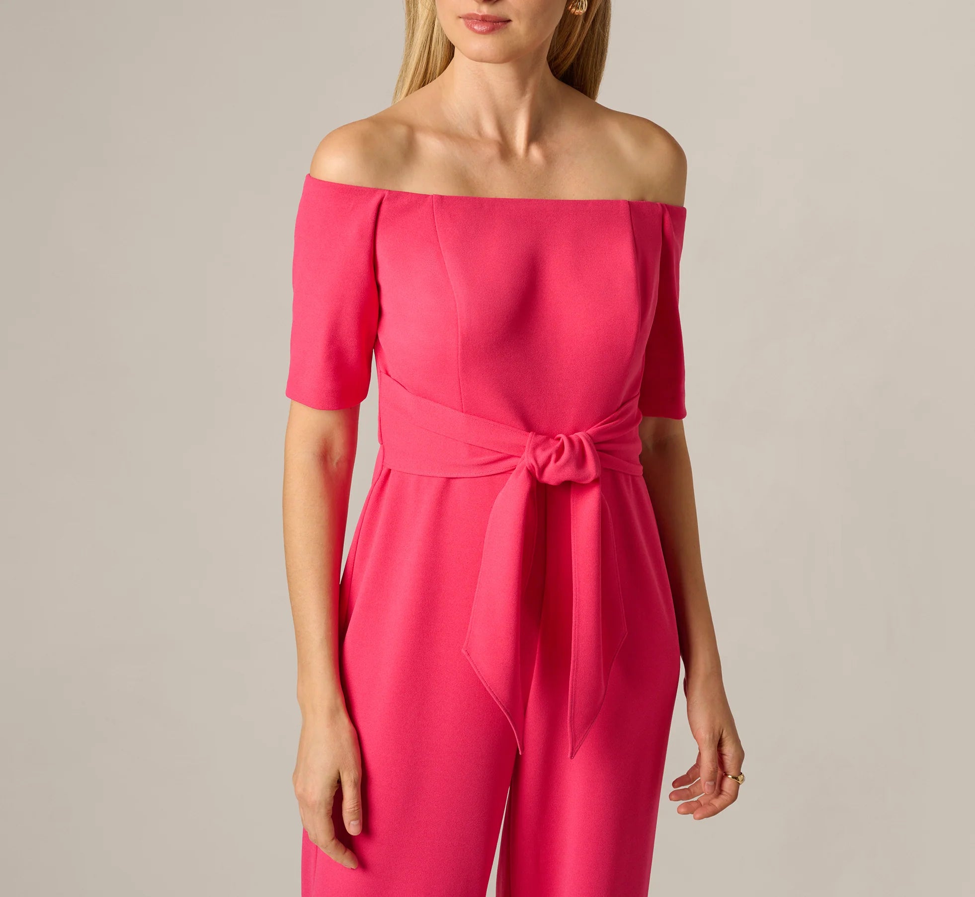 Off Shoulder Tie Front Stretch Jumpsuit In Camellia