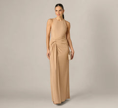 Metallic Stretch Knit Draped Gown In Light Gold