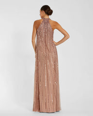Pink Sleeveless Halter Neck Embellished Trapeze Gown