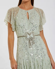 Green Embellished Bow Flutter Sleeve A Line Midi Dress